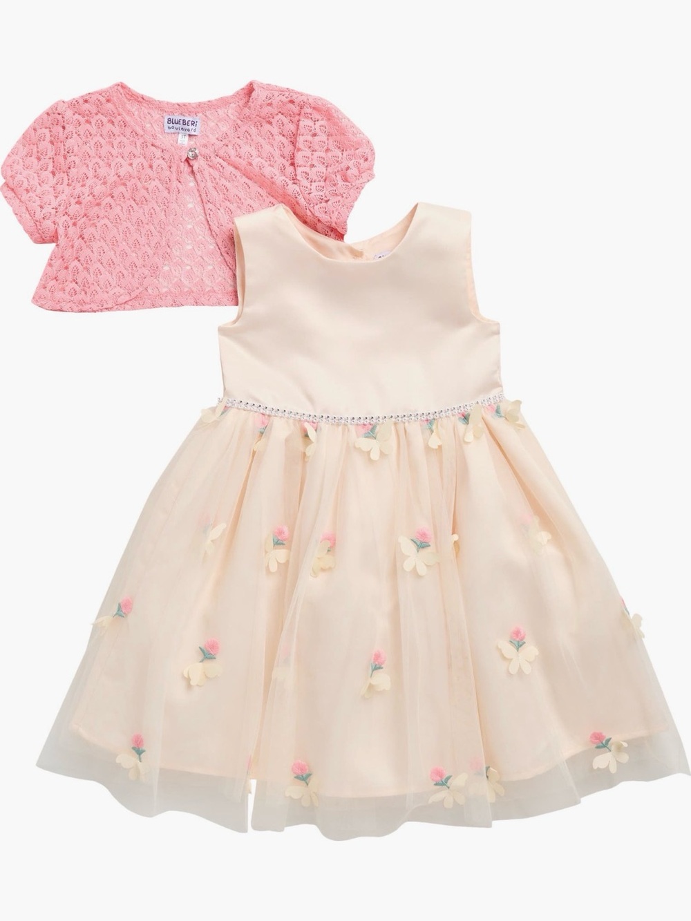 Blueberi Boulevard Pink Crochet Bolero with Cream Floral Tulle Dress